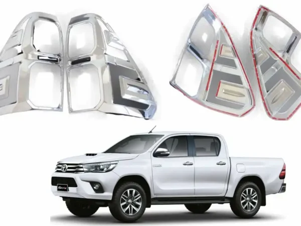 Imagen de biseles cromados traseros para toyota hilux compatible con modelos 2016 al 2022 junto con una camioneta real en la parte baja