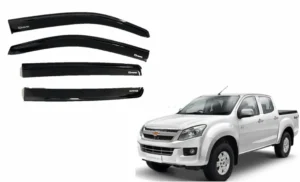 Bota agua para puertas de la camioneta chevrolet dmax en color negro transparente para modelos del 2012 al 2017 producto con camioneta a un costado