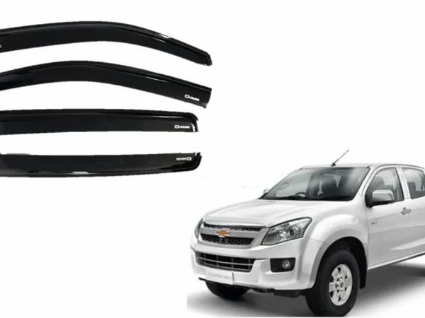 Bota agua para puertas de la camioneta chevrolet dmax en color negro transparente para modelos del 2012 al 2017 producto con camioneta a un costado