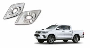 Kit de biseles neblineros cromados para toyota hilux revo 2016 al 2022 con imagen real de camioneta en la parte inferior