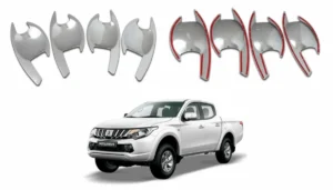 Kit de fondos de manilla cromados para la camioneta mitsubishi l200 junto con una camioneta blanca en la parte inferior
