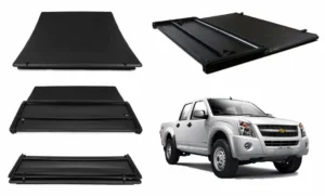 Vista lateral de la tapa plegable trifold para chevrolet dmax del 2006 al 2015 con camioneta gris a un costado