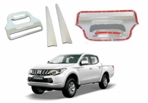 Una camioneta blanca junto con una manilla de portalon trasero cromado para mitsubishi l200 compatible con modelos del 2016 al 2019