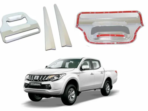 Una camioneta blanca junto con una manilla de portalon trasero cromado para mitsubishi l200 compatible con modelos del 2016 al 2019