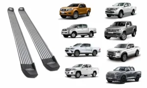 Pisadera universal para camioneta con las diferentes camioneta compatibles y sus marcas a un costado