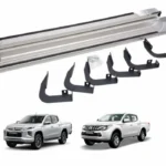 Estribos para camioneta mitsubishi l200 2016-2023 de aluminio en color plata junto con dos camionetas