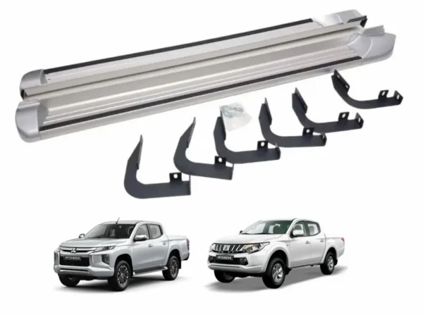 Estribos para camioneta mitsubishi l200 2016-2023 de aluminio en color plata junto con dos camionetas