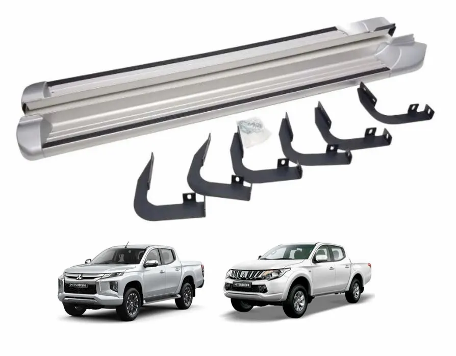 Estribos para camioneta mitsubishi l200 2016-2023 de aluminio en color plata junto con dos camionetas