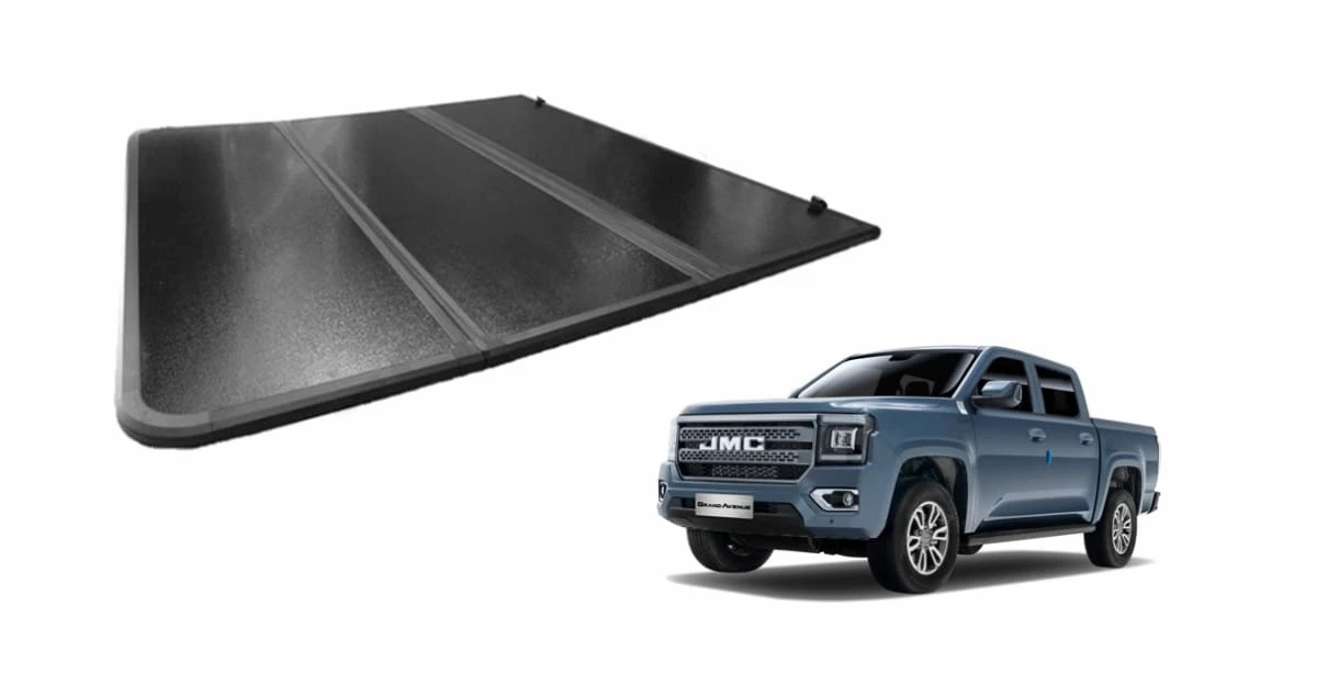 Tapa plegable trifold para camioneta jmc grand avenue del 2023 al 2025 con una camioneta de color azul al costado